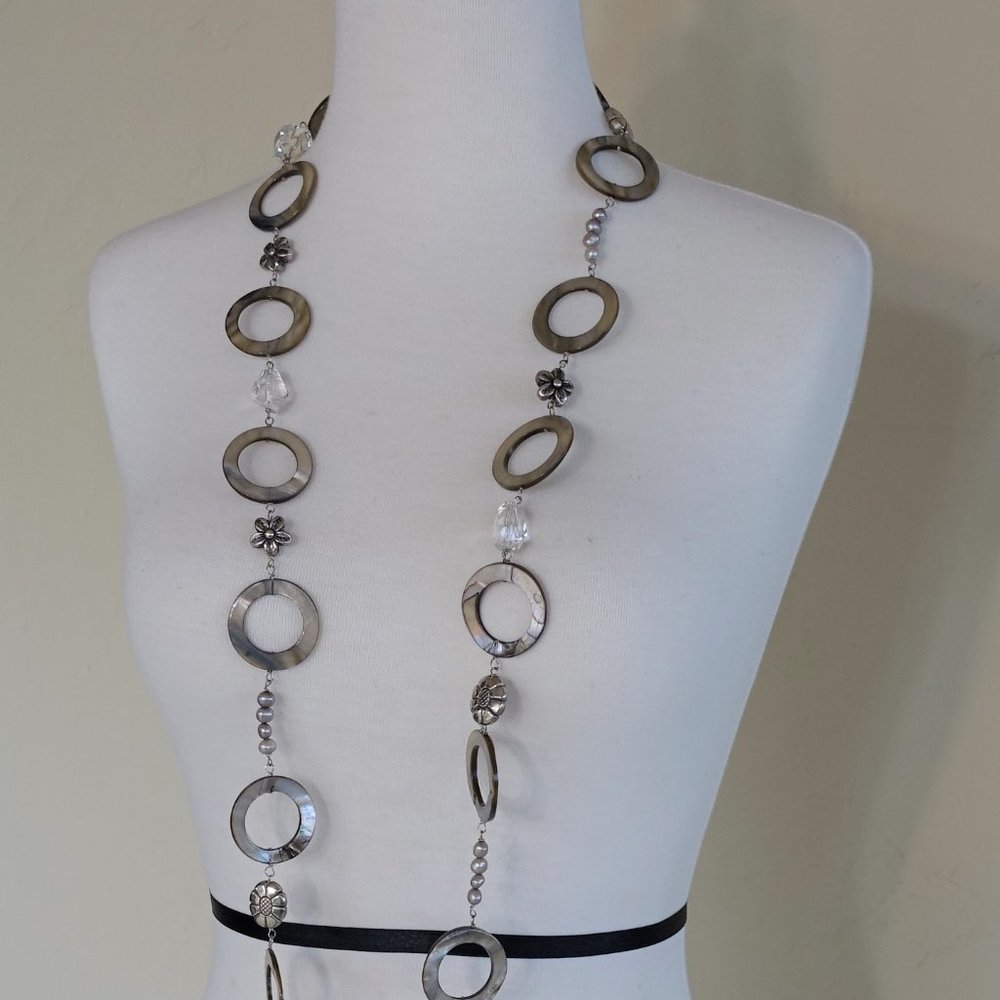 Long statement necklace--Abalone MOP, pearl, rock crystal - Picture 6 of 9